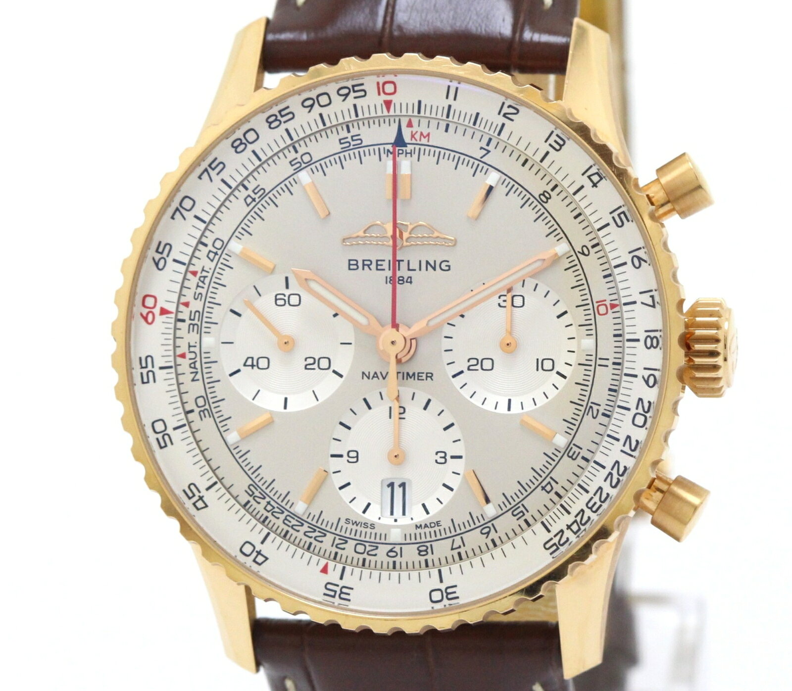 BREITLING ブライトリング ナビタイマー B01 クロノグラフ41 RB0139211G1P1 腕時計 K18 レッドゴールド アリゲーターレザーベルト シルバー文字盤 自動巻き メンズ 保証書・箱あり【中古】460
