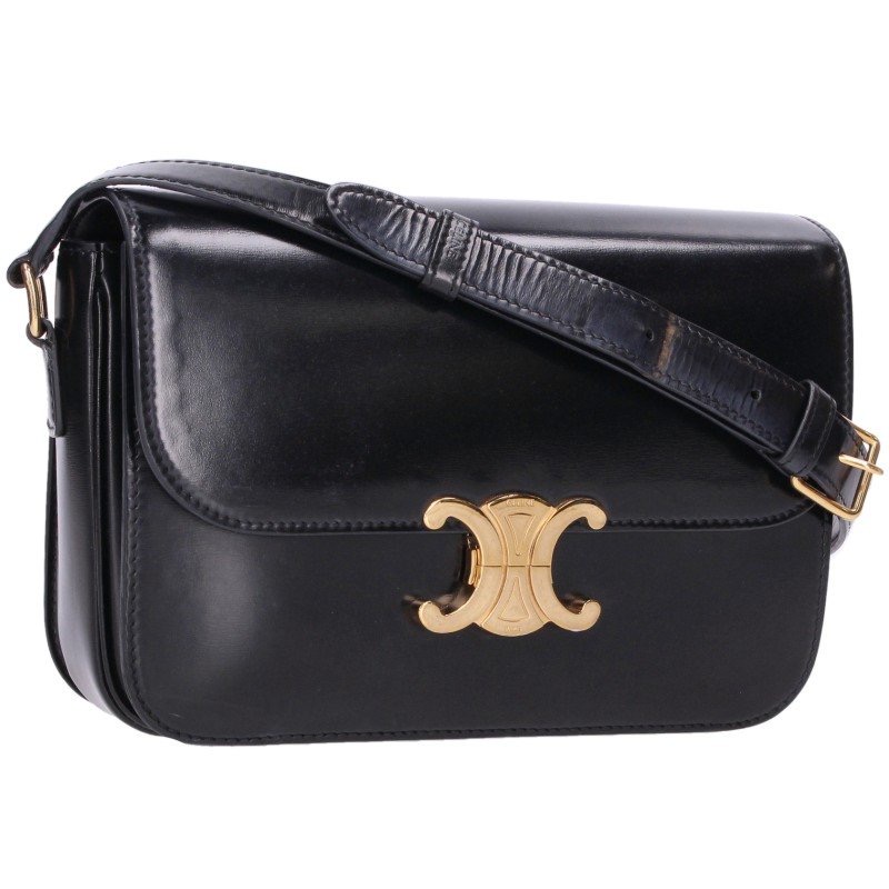 セリーヌ CELINE サイズ:M 187363BF4 クラシックトリオンフ シャイニーカーフレザーショルダーバッグ(ブラック×ゴールド)【429062】【OM10】【小物】【中古】bb466#rinkan*B