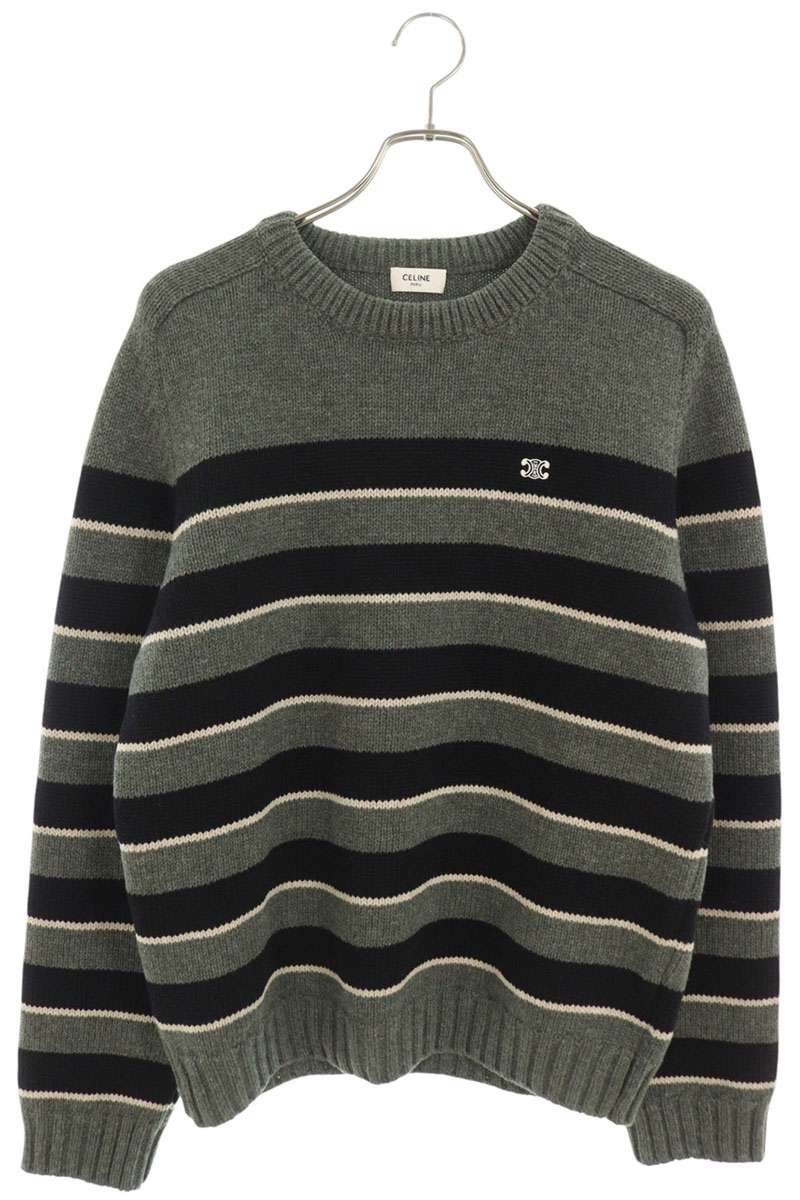 セリーヌ CELINE サイズ:L 2AE4B896T トリオンフ刺繍クルーネックニット(グレー×ブラック)【900162】【SS13】【メンズ】【中古】bb127#rinkan*B